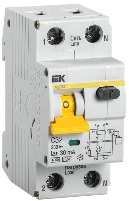 Дифф. автомат 2Р 32А 30мА 6кА С АВДТ32 IEK MAD22-5-032-C-30 - фото 3275